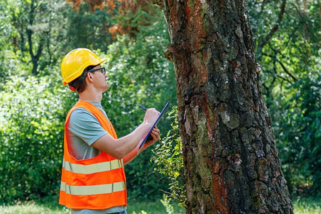 Tree service professional inspecting storm-damaged tree and assessing safety risks in Macedonia, OH