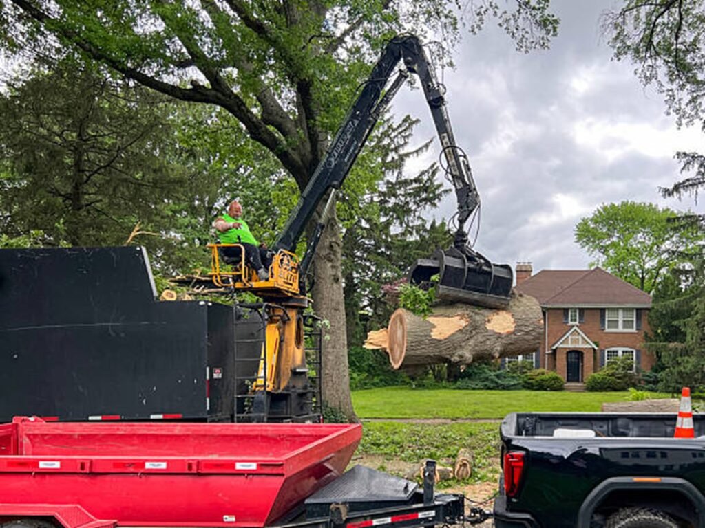 Crane removing a large tree trunk safely from a residential property in Macedonia, OH