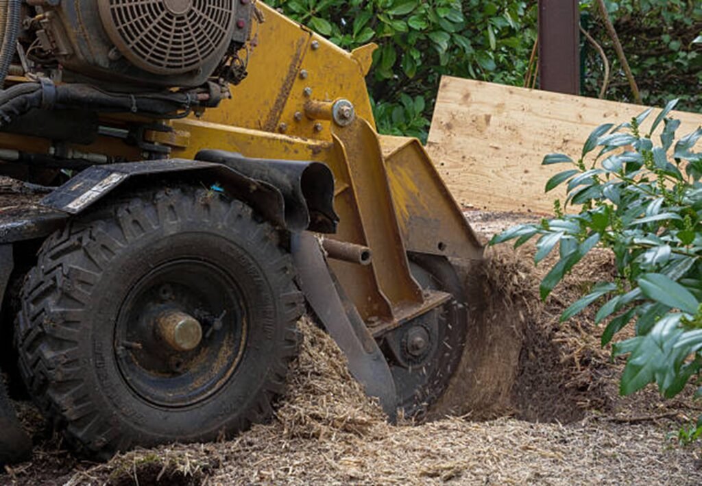 Professional stump grinding equipment removing a tree stump in Macedonia, OH